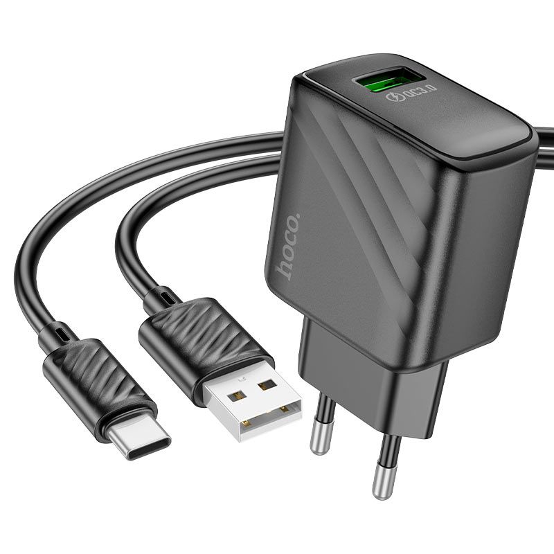 Мережевий зарядний пристрій з кабелем HOCO CS21A Rich single port QC3.0 charger set (Type-C)(EU) Black