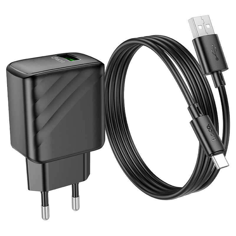 Мережевий зарядний пристрій з кабелем HOCO CS21A Rich single port QC3.0 charger set (Type-C)(EU) Black