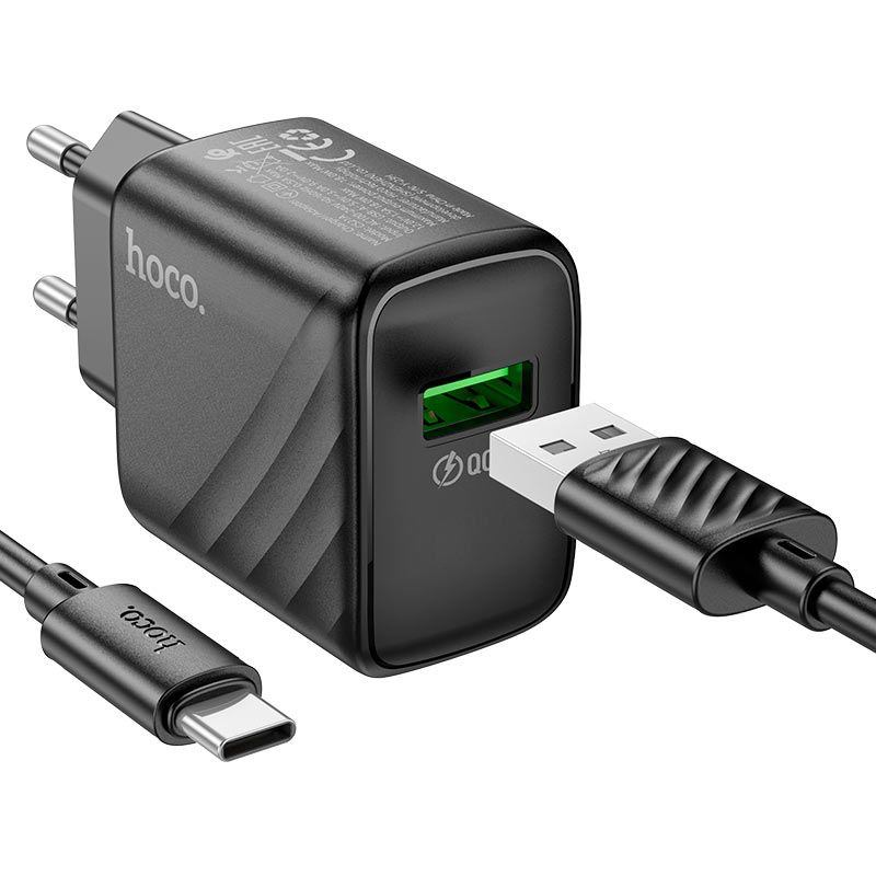 Мережевий зарядний пристрій з кабелем HOCO CS21A Rich single port QC3.0 charger set (Type-C)(EU) Black