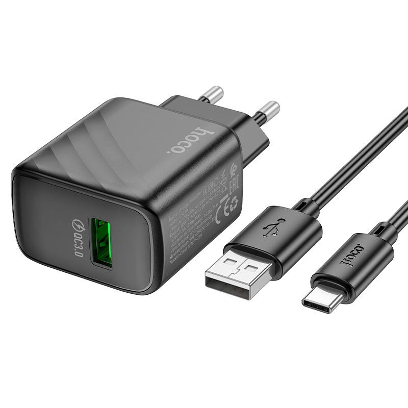 Мережевий зарядний пристрій з кабелем HOCO CS21A Rich single port QC3.0 charger set (Type-C)(EU) Black