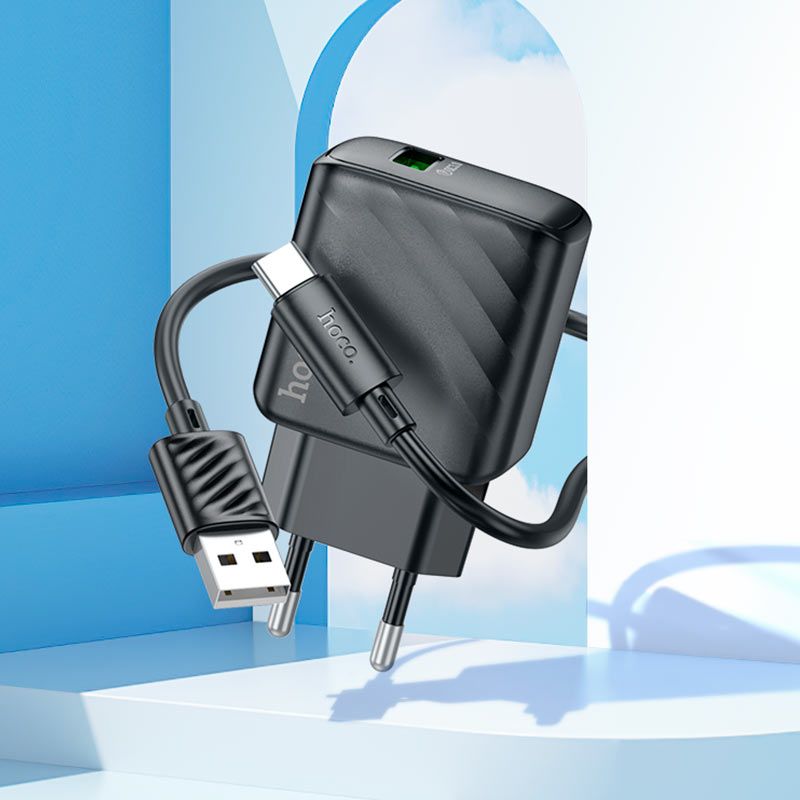 Мережевий зарядний пристрій з кабелем HOCO CS21A Rich single port QC3.0 charger set (Type-C)(EU) Black
