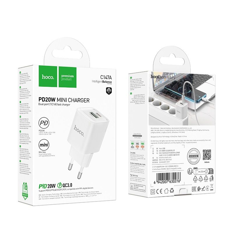 Мережевий зарядний пристрій HOCO C147A Charm PD20W+QC3.0 charger (EU) White
