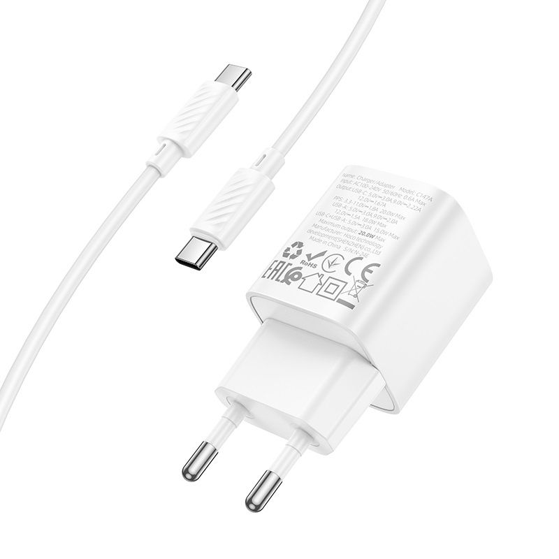 Мережевий зарядний пристрій з кабелем HOCO C147A Charm PD20W+QC3.0 charger set (C to C)(EU) White