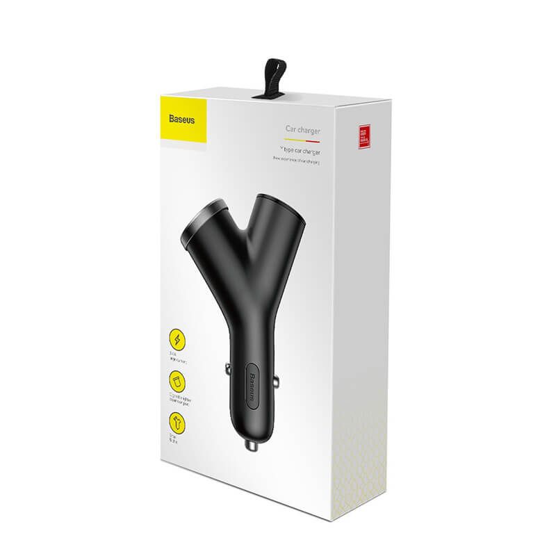 Автомобільний зарядний пристрій Baseus Y type dual USB+cigarette lighter extended car charger 3.1 A Black