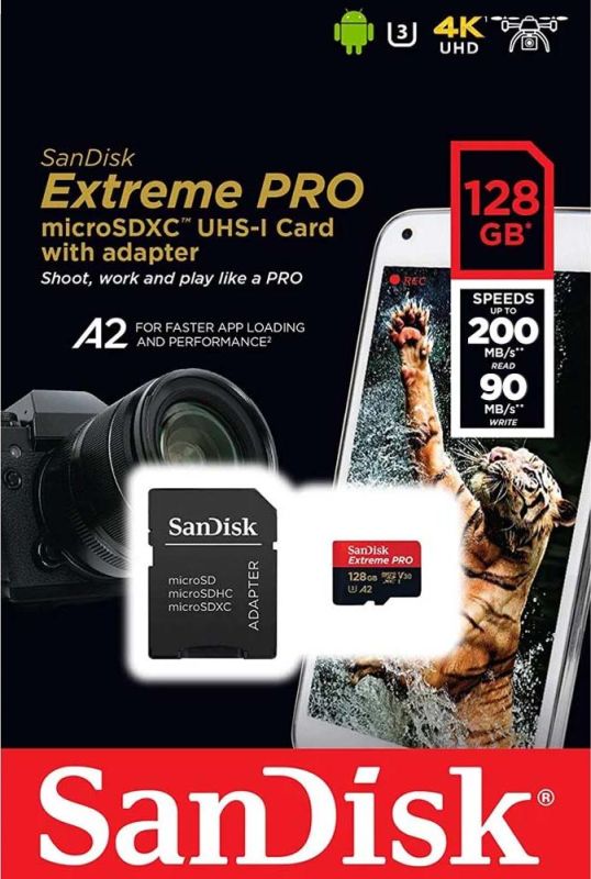Карта пам'яті microSDXC (UHS-1 U3) SanDisk Extreme Pro A2 128Gb class 10 V30 (R200MB/s,W90MB/s) (adapter)