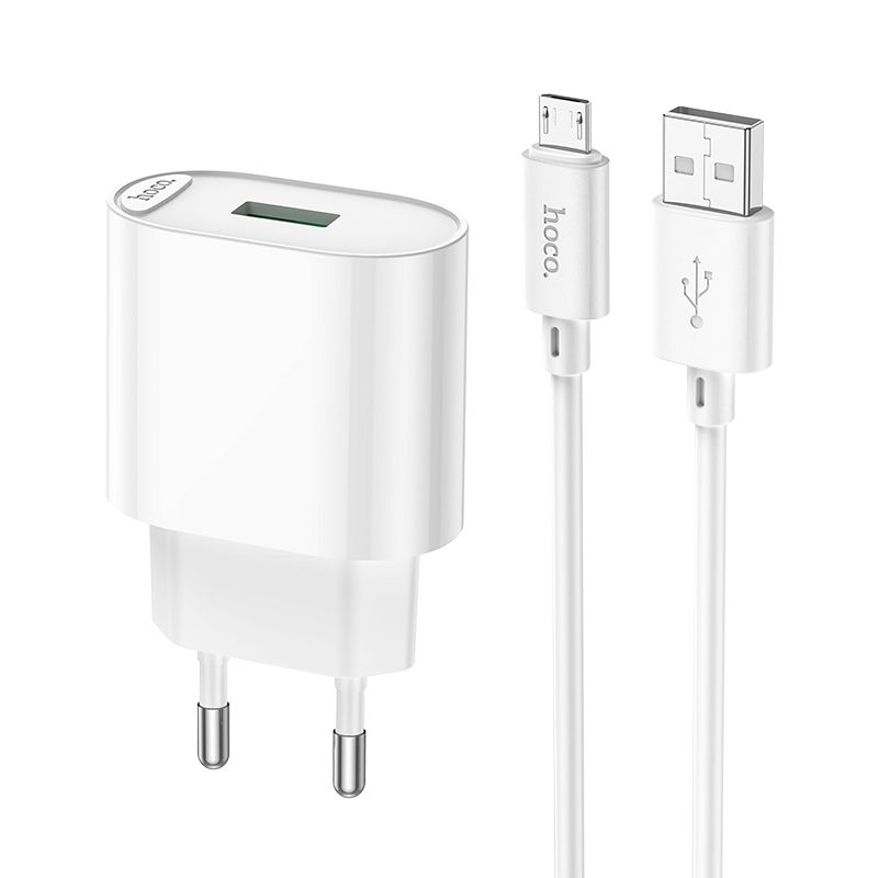 Мережевий зарядний пристрій з кабелем HOCO C109A Fighter single port QC3.0 charger set(Micro) White