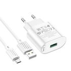 Мережевий зарядний пристрій з кабелем HOCO C109A Fighter single port QC3.0 charger set(Micro) White