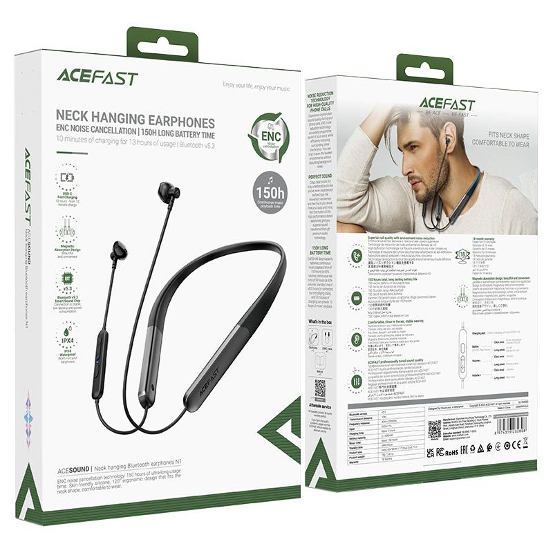 Бездротові спортивні навушники ACEFAST N1 neck hanging Bluetooth earphones Black