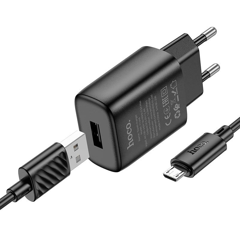 Мережевий зарядний пристрій з кабелем HOCO C134A Solid single-port charger set (Micro) (EU) Black