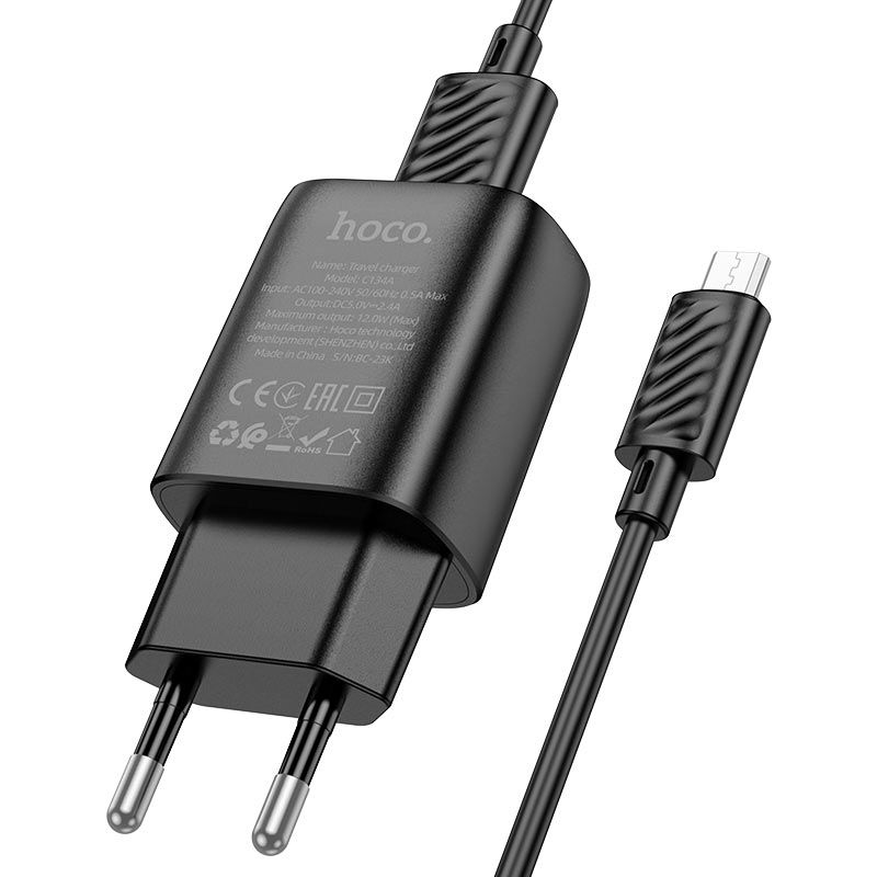 Мережевий зарядний пристрій з кабелем HOCO C134A Solid single-port charger set (Micro) (EU) Black