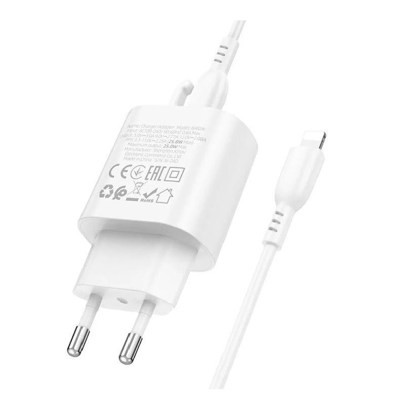Мережевий зарядний пристрій з кабелем BOROFONE BA82A Platinum single port PD25W charger set (C to iP) (EU) White