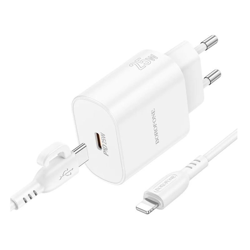 Мережевий зарядний пристрій з кабелем BOROFONE BA82A Platinum single port PD25W charger set (C to iP) (EU) White
