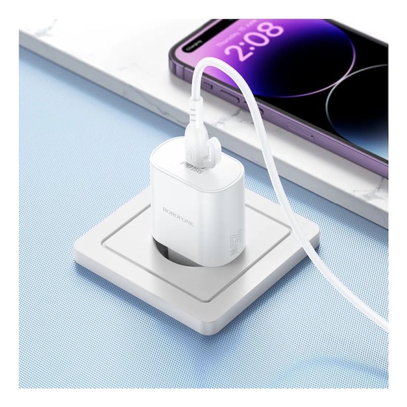 Мережевий зарядний пристрій з кабелем BOROFONE BA82A Platinum single port PD25W charger set (C to iP) (EU) White