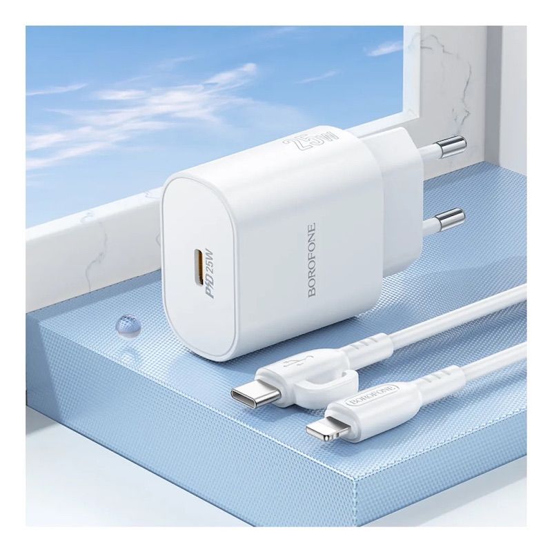 Мережевий зарядний пристрій з кабелем BOROFONE BA82A Platinum single port PD25W charger set (C to iP) (EU) White