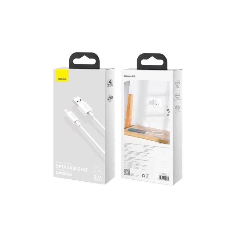 Кабель Baseus Simple Wisdom Data Cable Kit USB to Micro 2.1A (2PCS/Set）1.5m White