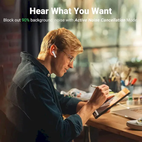 Бездротові навушники UGREEN WS106 HiTune T3 Active Noise-Cancelling Wireless Earbuds,IPX5, White(UGR-90206)
