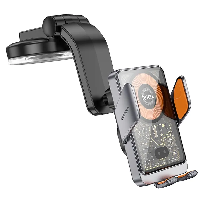 Автотримач для телефона з БЗП HOCO HW8 Transparent Discovery Edition wireless fast charging car holder(center console) Metal Gray