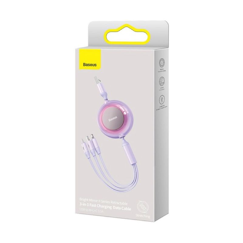 Кабель Baseus Bright Mirror 2 Series Retractable 3-in-1 Fast Charging  Data Cable USB to M+L+C 3.5A 1.1m Purple