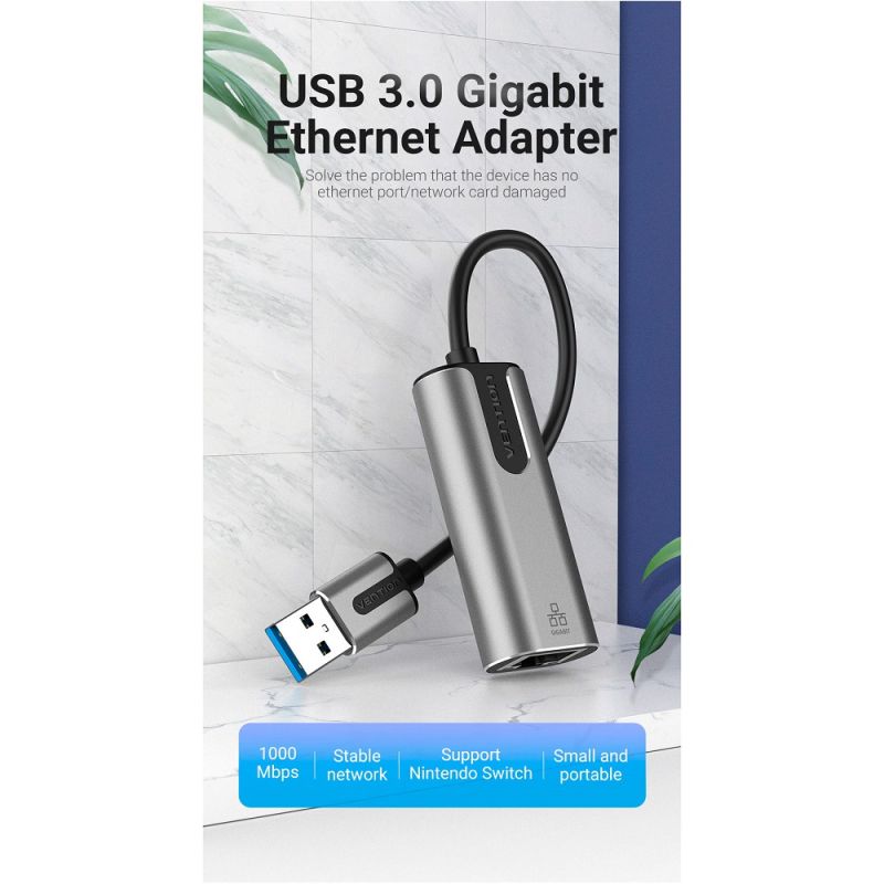 Адаптер Vention USB 3.0-A to Gigabit Ethernet Adapter Gray 0.15M Aluminum Alloy Type (CEWHB)