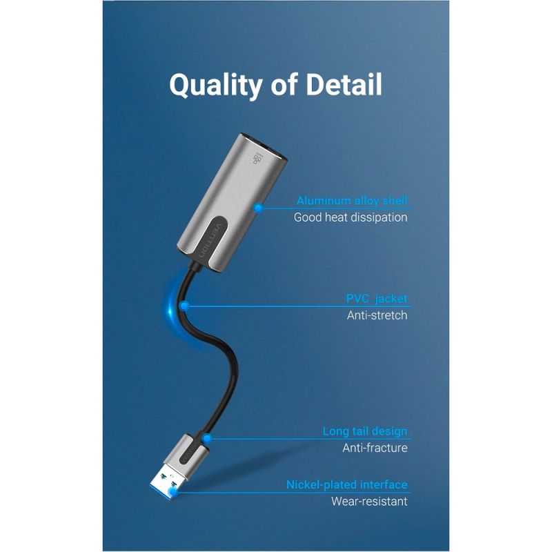 Адаптер Vention USB 3.0-A to Gigabit Ethernet Adapter Gray 0.15M Aluminum Alloy Type (CEWHB)
