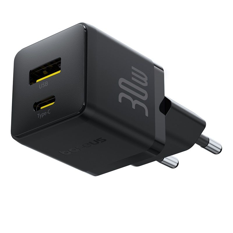 Мережевий зарядний пристрій з кабелем Baseus Palm Fast Charger C+U 30W EU Cluster Black (with Baseus Mini White Cable USB-C to USB-C 60W (20V/3A) 1m)