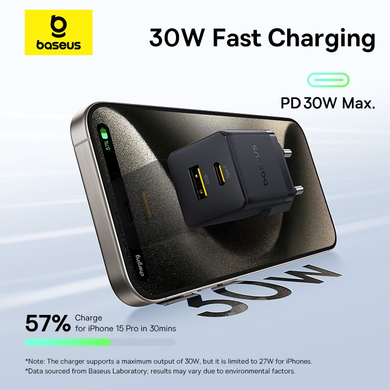 Мережевий зарядний пристрій з кабелем Baseus Palm Fast Charger C+U 30W EU Cluster Black (with Baseus Mini White Cable USB-C to USB-C 60W (20V/3A) 1m)