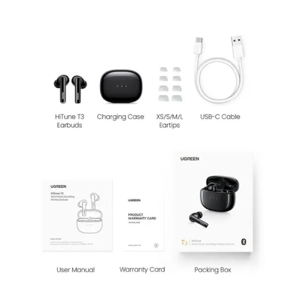 Бездротові навушники UGREEN WS106 HiTune T3 Active Noise-Cancelling Wireless Earbuds, IPX5, Black(UGR-90401)