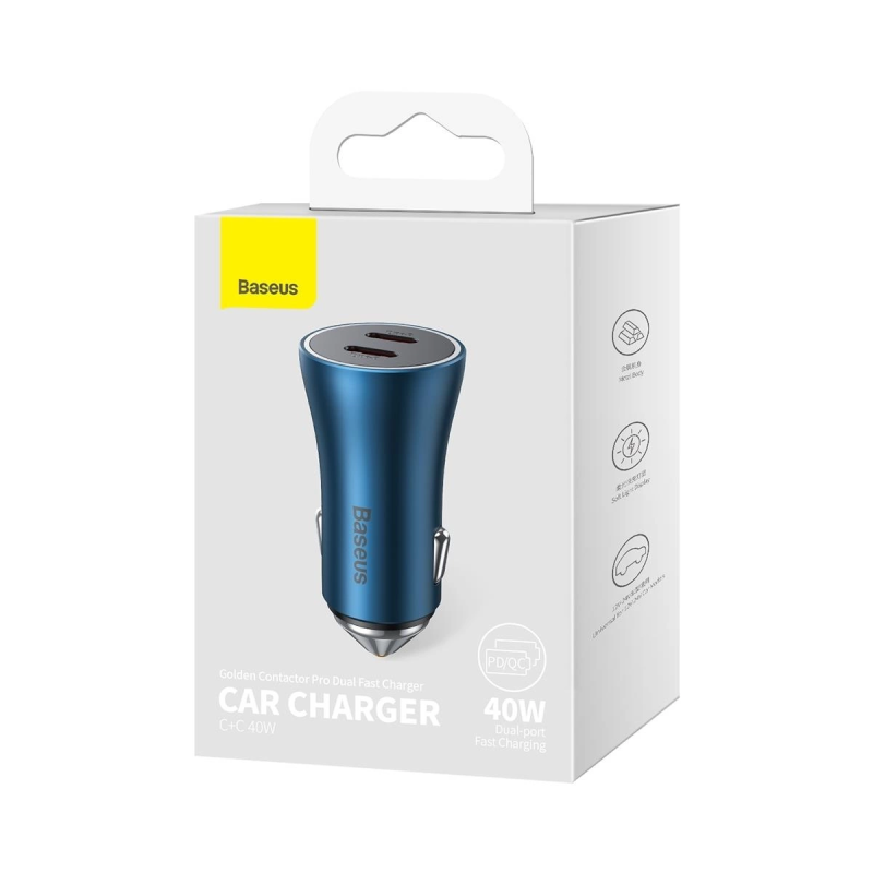 Автомобільний зарядний пристрій Baseus Golden Contactor Pro Dual Fast Charger Car Charger C+C 40W Blue