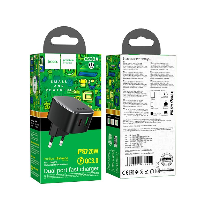 Мережевий зарядний пристрій HOCO CS32A Rise PD20W+QC3.0 charger Black