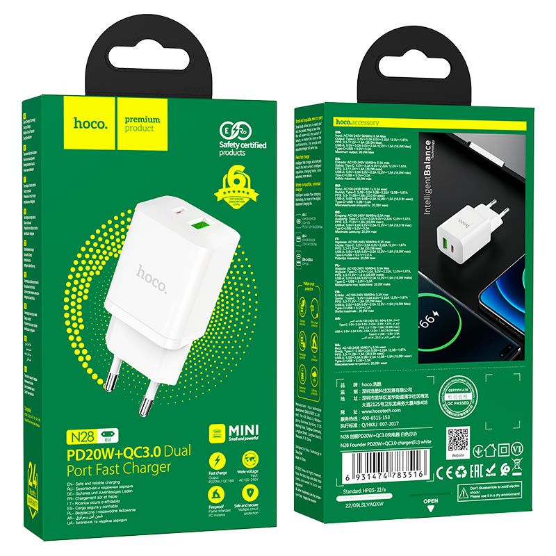 Мережевий зарядний пристрій HOCO N28 Founder PD20W+QC3.0 charger White