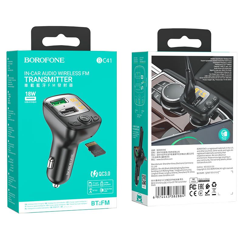 АЗП з FM-модулятором BOROFONE BC41 Eminency QC3.0 Car BT FM transmitter 18W Black 8525500090