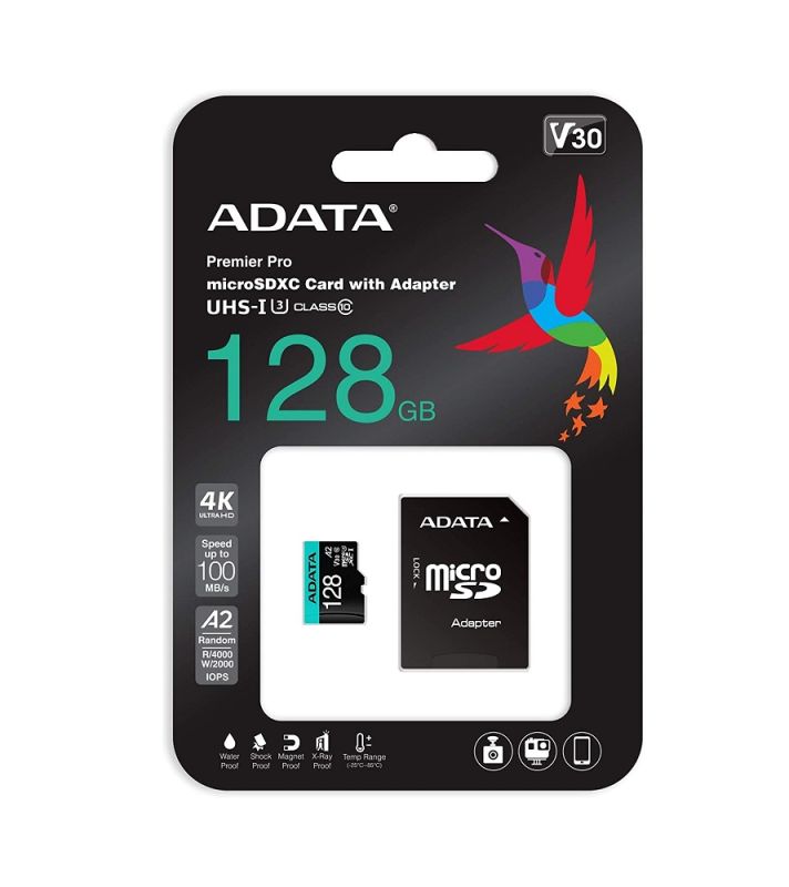 Карта пам'яті microSDXC (UHS-1 U3) A-DATA Premier Pro 128Gb Class 10 V30S A2 (R-100Mb/s W85Mb/s) (adapter SD)