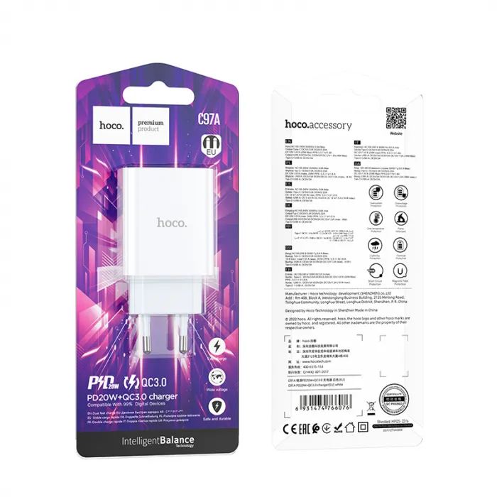 Мережевий зарядний пристрій HOCO C97A PD20W+QC3.0 charger White