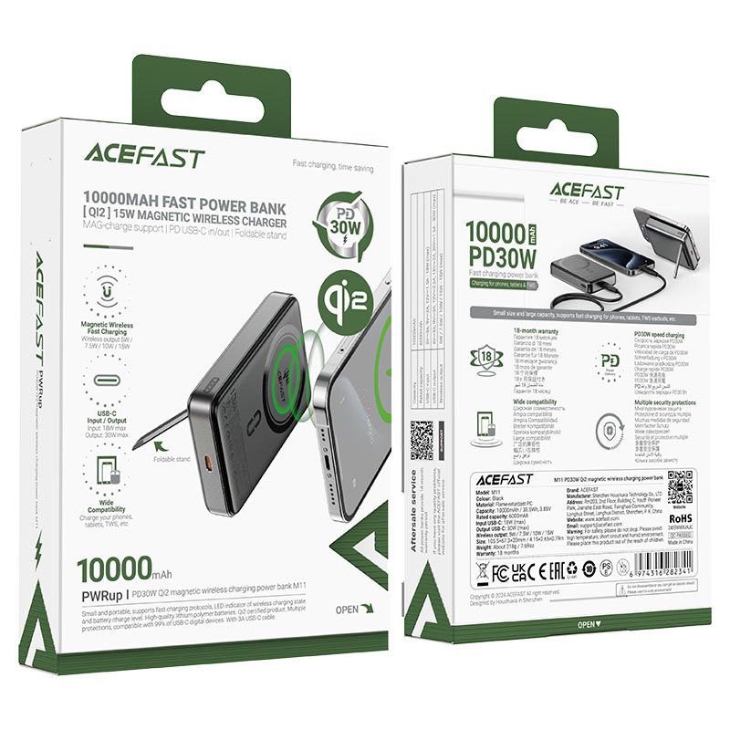 Зовнішній акумулятор ACEFAST M11 PD30W Qi2 magnetic wireless charging power bank 10000 mAh Black