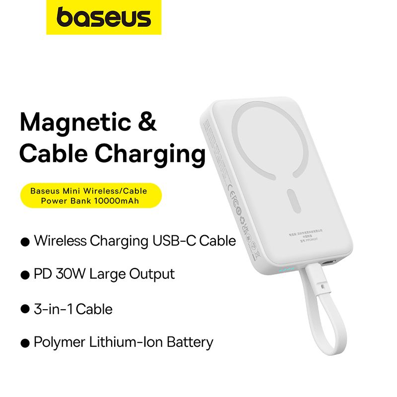 Зовнішній акумулятор Baseus Magnetic Mini Wireless Fast Charge Power Bank Type-C Edition  10000mAh 30W Stellar White