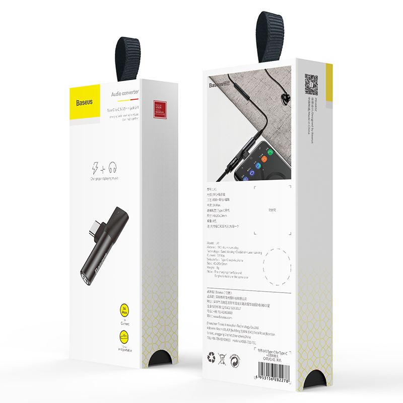 Кабель-перехiдник Baseus L41 Type-C(input) for Type-C female connectors+3.5 mm female Black