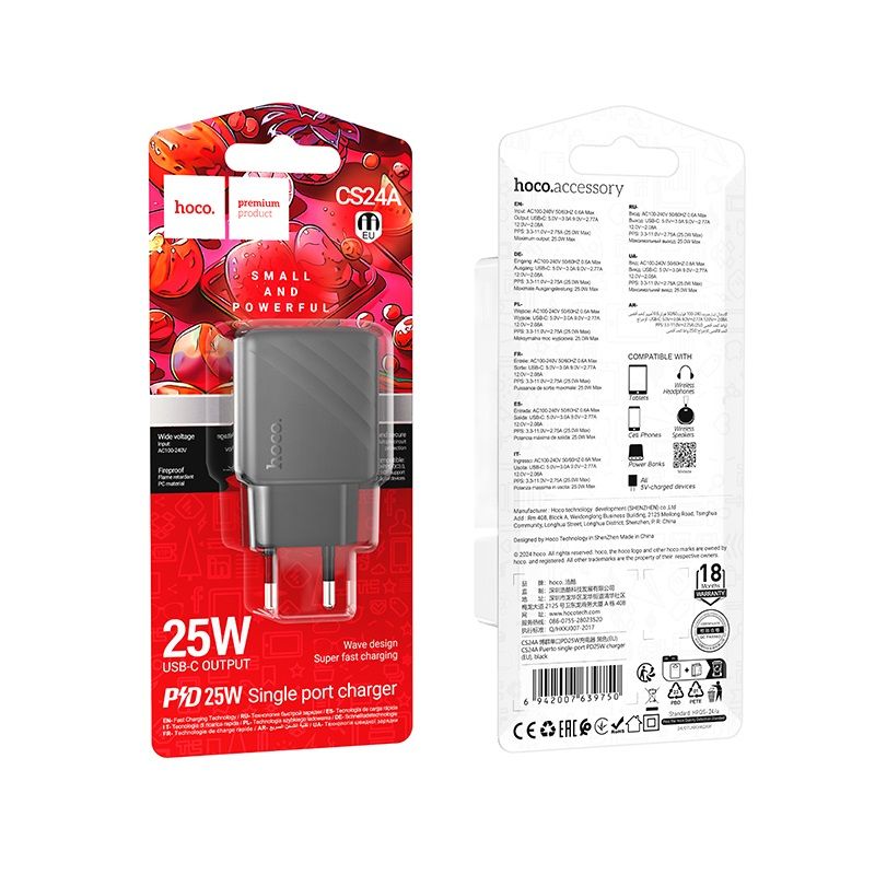 Мережевий зарядний пристрій HOCO CS24A Puerto single-port PD25W charger (EU) Black