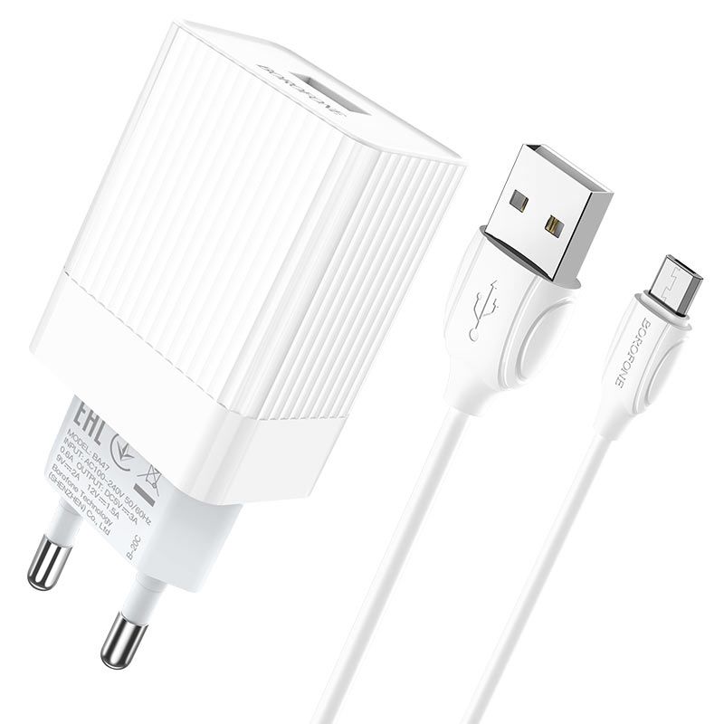 Мережевий зарядний пристрій з кабелем BOROFONE BA47A Mighty speed single port QC3.0 3A + Micro-USB cable 18W White