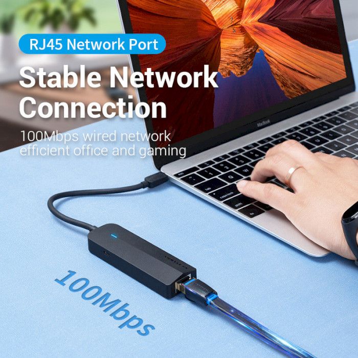 USB-хаб Vention USB-C to USB 3.0*3/RJ45/Micro-B HUB 0.15M Black ABS Type