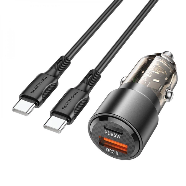 Автомобільний зарядний пристрій BOROFONE BZ20A Smart 83W dual port PD65W+QC3.0 car charger set(C to C) Transparent Black