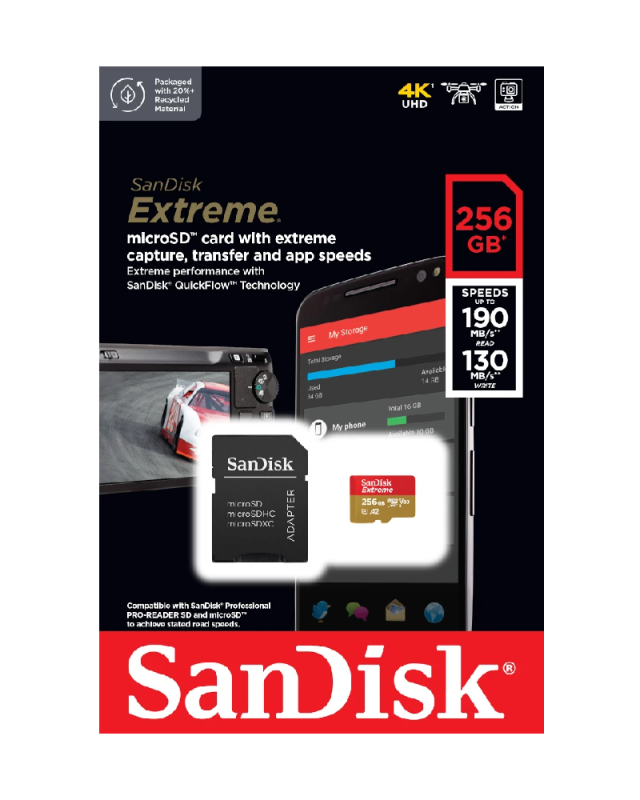 Карта пам'яті microSDXC (UHS-1 U3) SanDisk Extreme A2 256Gb class 10 V30 (R190MB/s,W130MB/s) (adapter SD)
