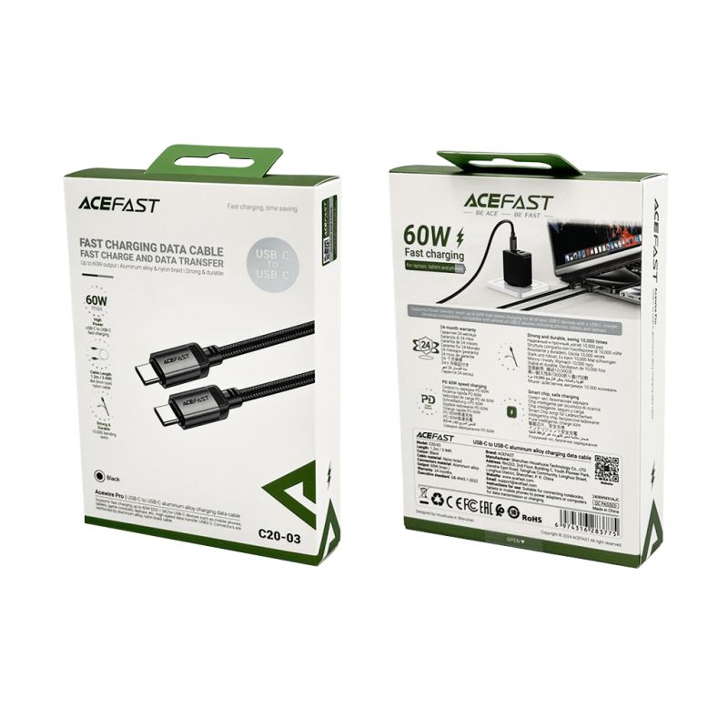 Кабель ACEFAST C20-03 USB-C to USB-C aluminum alloy charging data cable Black