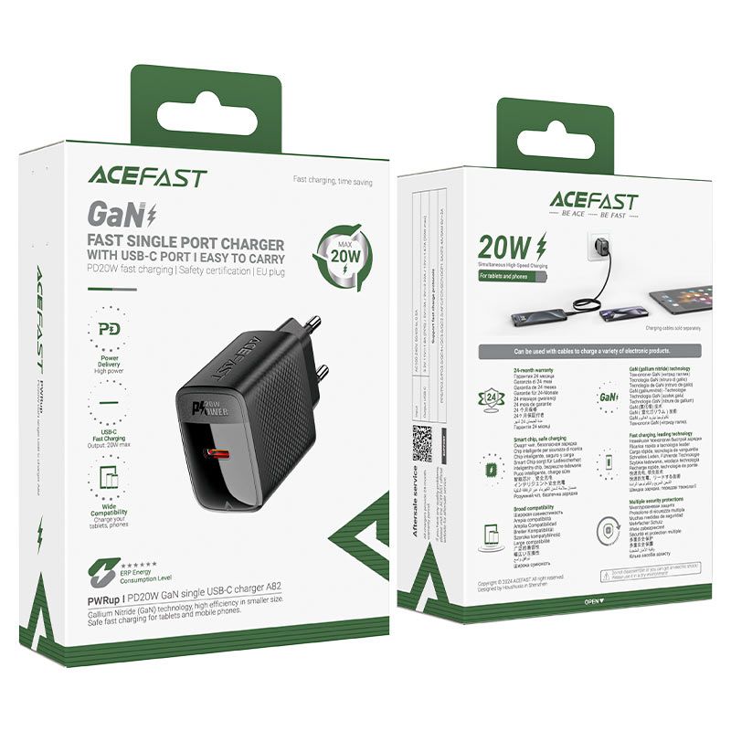 Мережевий зарядний пристрій з кабелем ACEFAST A82 PD20W GaN single USB-C charger set (P5) (EU) Black