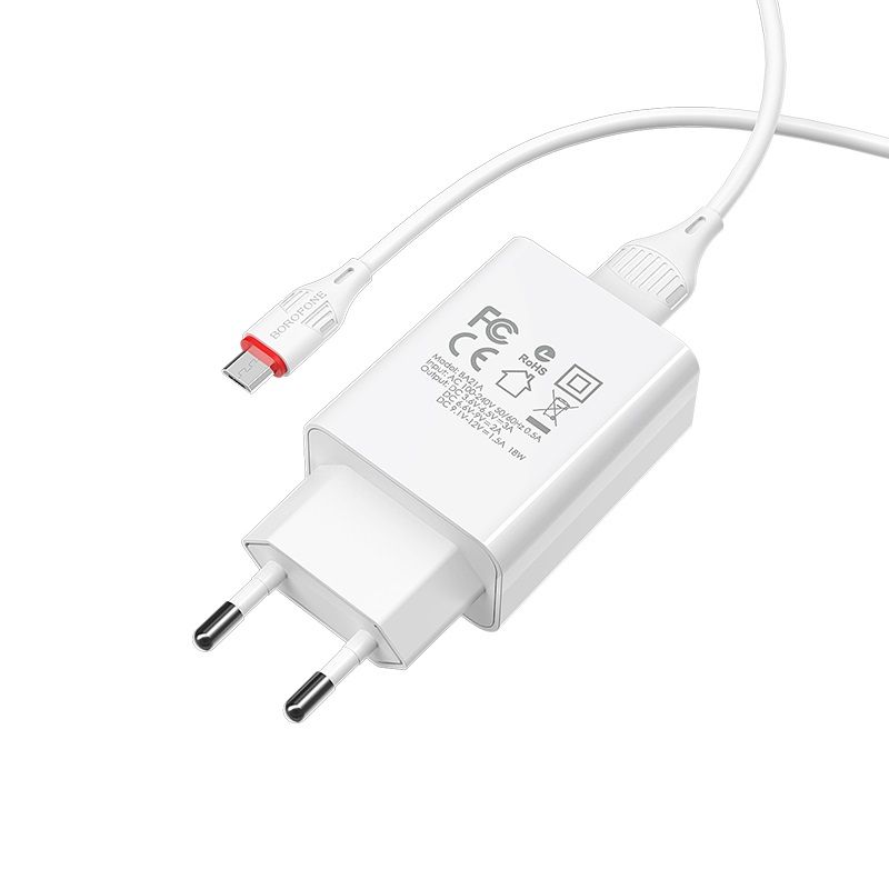 Мережевий зарядний пристрій з кабелем BOROFONE BA21A Long journey single port QC3.0 charger set(Micro) 18W White