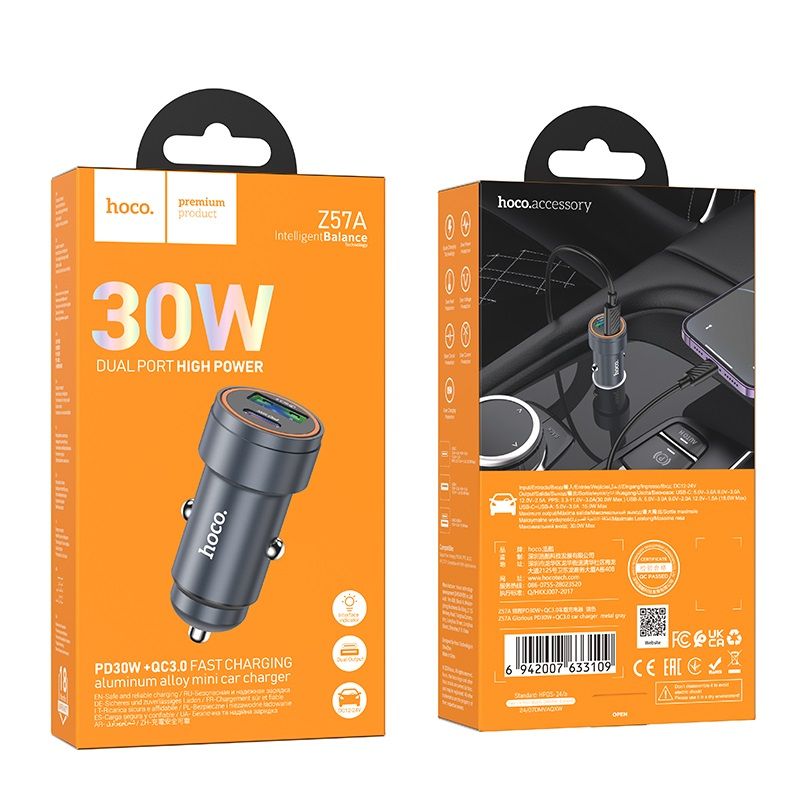Автомобільний зарядний пристрій HOCO Z57A Glorious PD30W+QC3.0 car charger Metal Gray