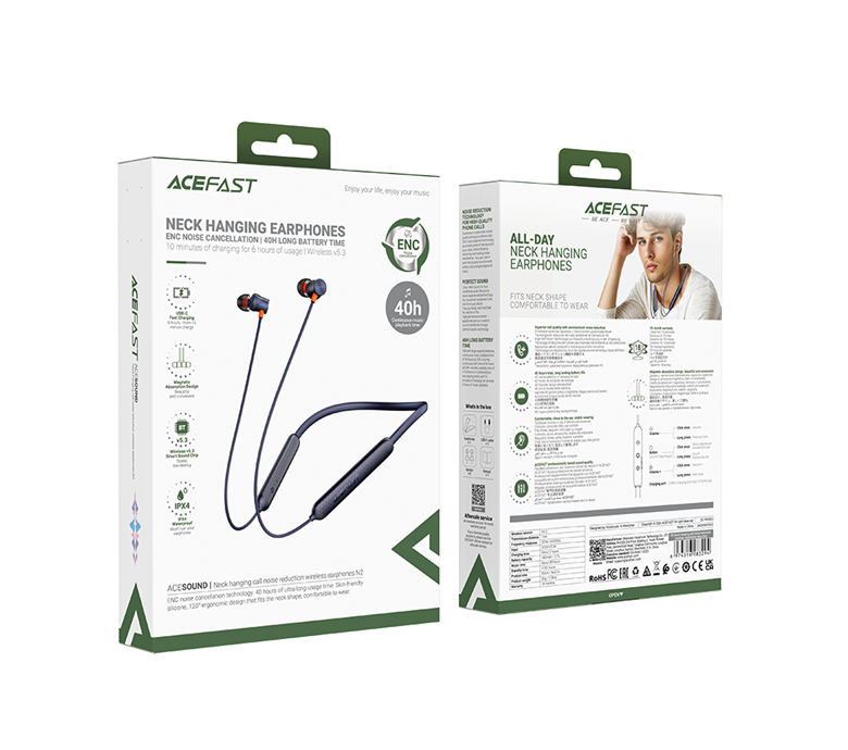 Бездротові спортивні навушники ACEFAST N2 neck hanging call noise reduction wireless earphones Navy Blue