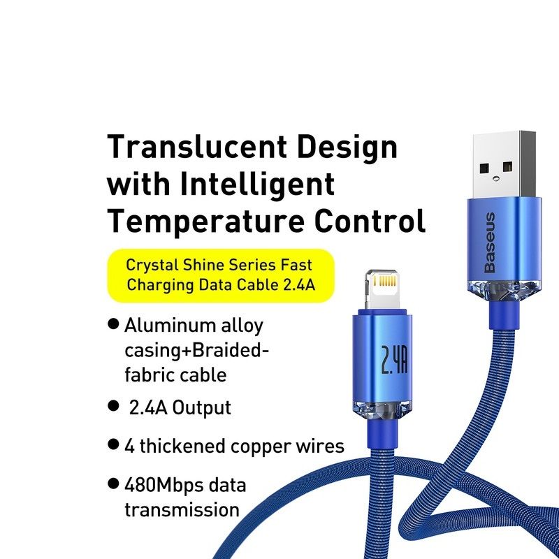 Кабель Baseus Crystal Shine Series Fast Charging Data Cable USB to iP 2.4A 1.2m Blue