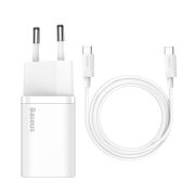 Мережевий зарядний пристрій з кабелем Baseus Super Si Quick Charger 1C 25W EU Sets White（ Mini White Cable Type-C to Type-C 3A 1m White）