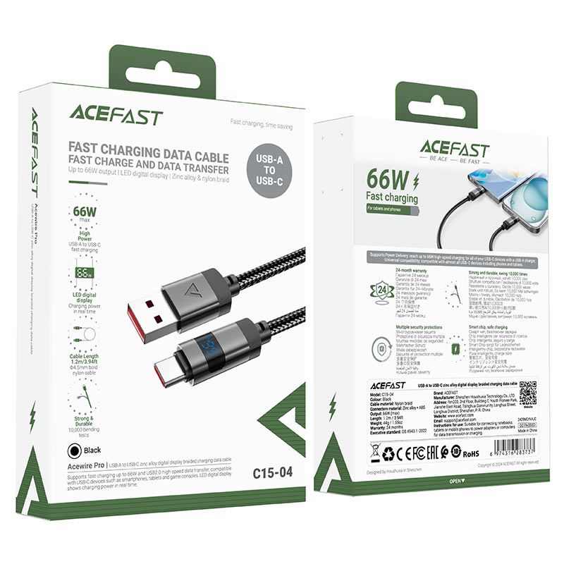 Кабель ACEFAST C15-04 USB-A to USB-C zinc alloy digital display braided charging data cable Black