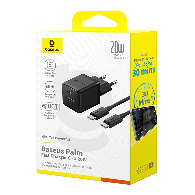 Мережевий зарядний пристрій Baseus Palm Fast Charger C+U 20W EU Cluster Black (with Baseus Mini White Cable USB-C to USB-C 60W (20V/3A) 1m Cluster Bla